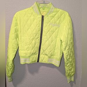 Lime Green Crop Jacket Plastics embroidered on arm and front